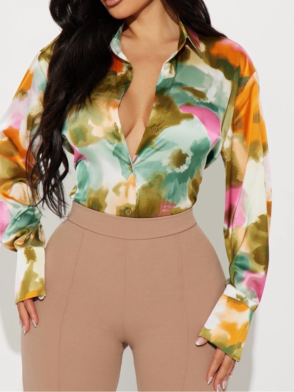 Fashion Nova Multicolor Watercolor Button-Down Top